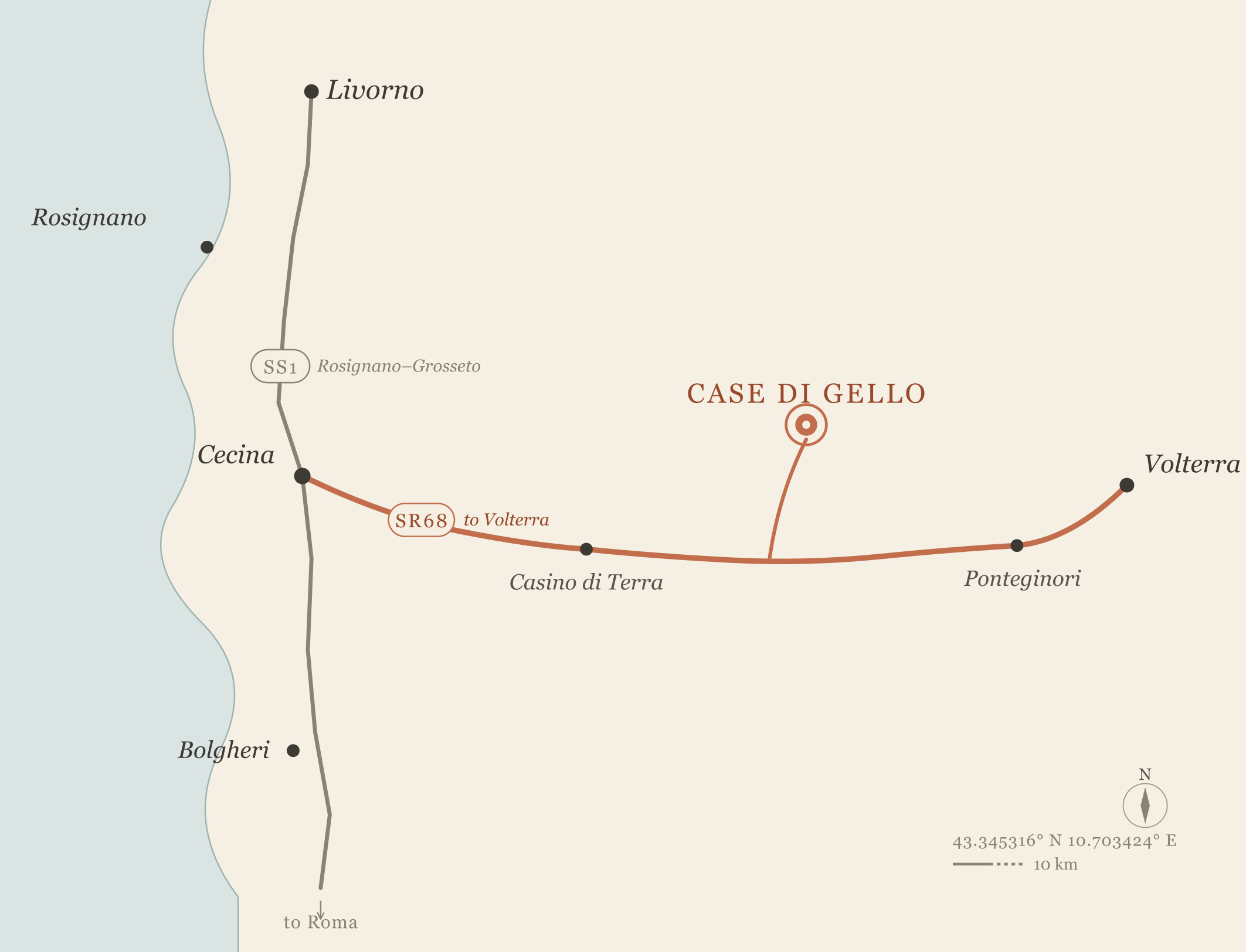 Map showing how to get to Gello hamlet from the Cecina valley