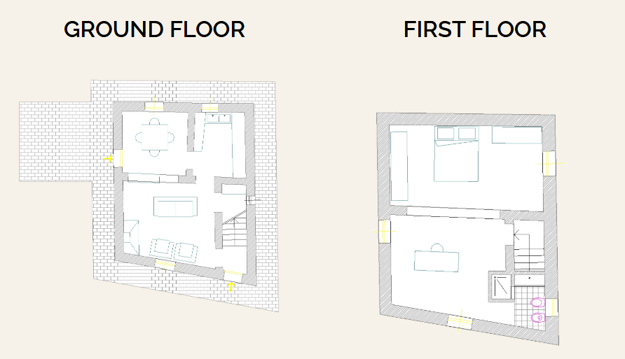Floor plan of La Scuola — ground floor and upper bedroom